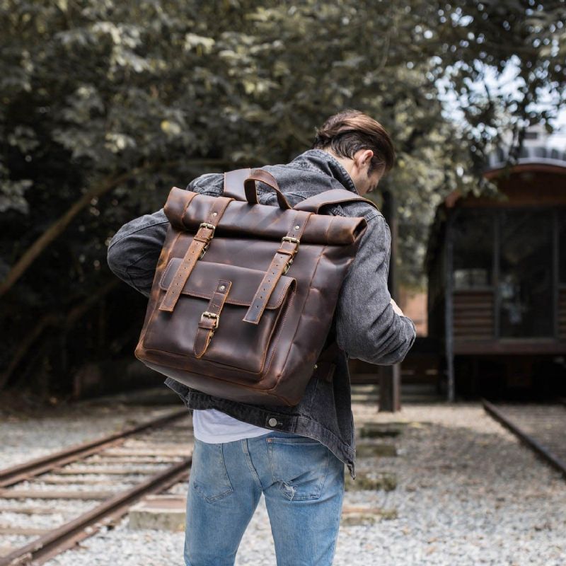 Großer Rolltop-rucksack Aus Leder Für Laptops 17 Zoll