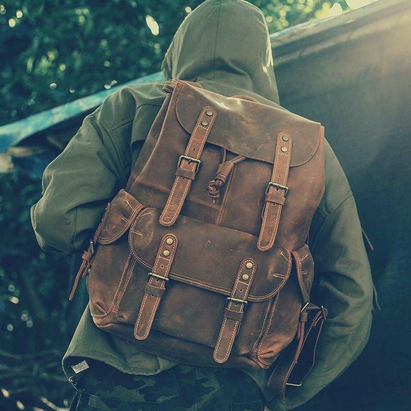 Großer Vintage Lederrucksack Für Herren Laptop