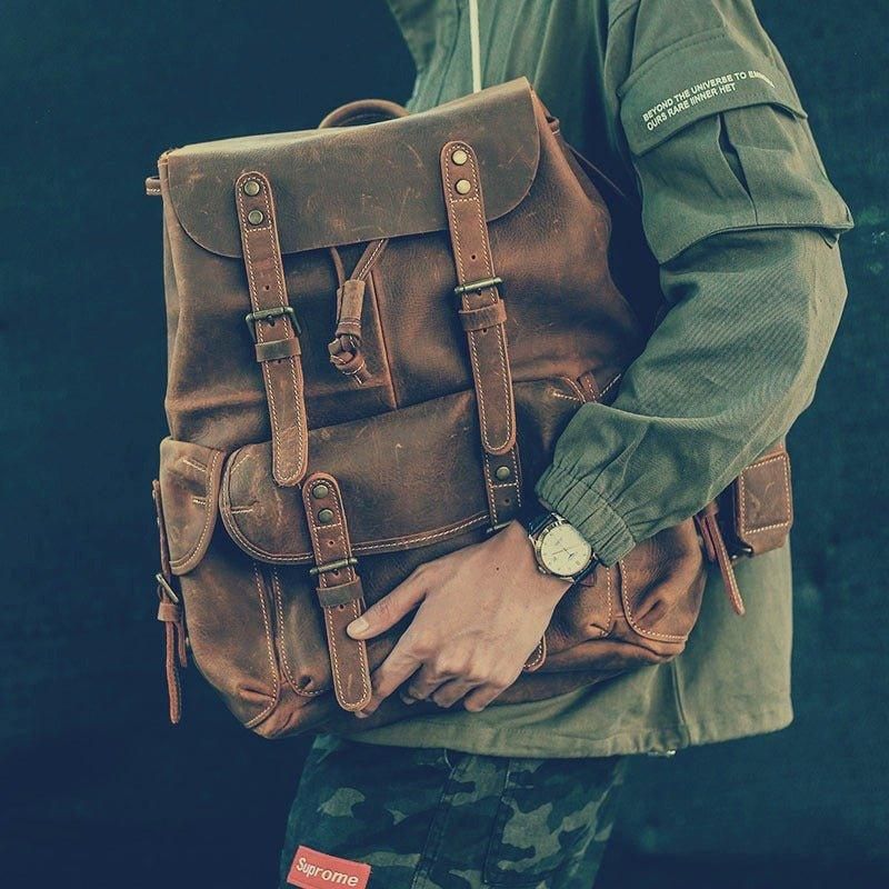 Großer Vintage Lederrucksack Für Herren Laptop