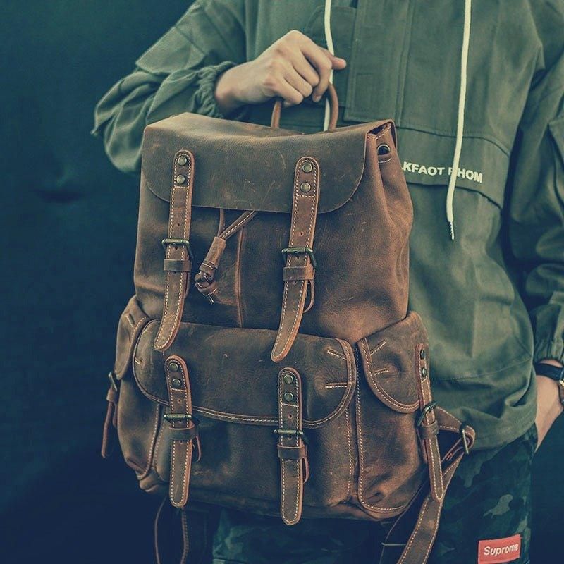 Großer Vintage Lederrucksack Für Herren Laptop