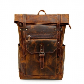 Lederrucksack Für Herren Im Vintage-stil Mit Rolltop Und Vordertasche