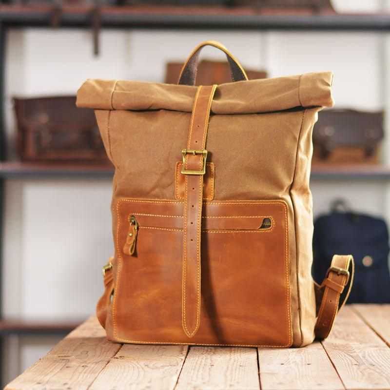 Rolltop-rucksack Aus Canvas Im Vintage-stil Mit Laptop-hülle