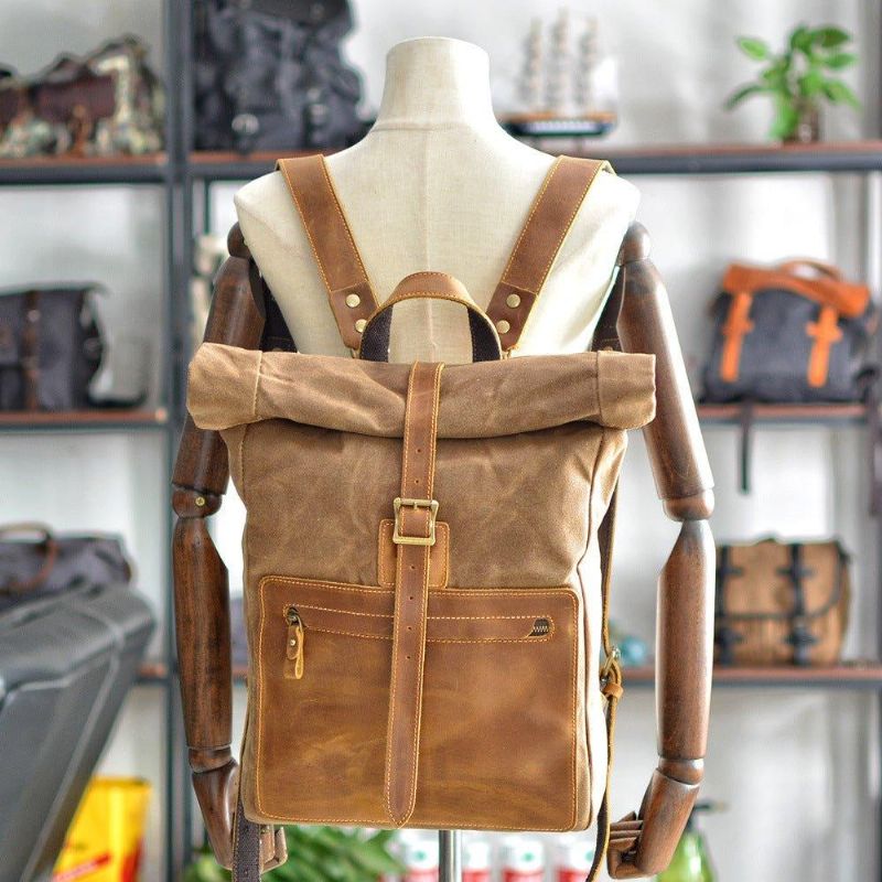 Rolltop-rucksack Aus Canvas Im Vintage-stil Mit Laptop-hülle