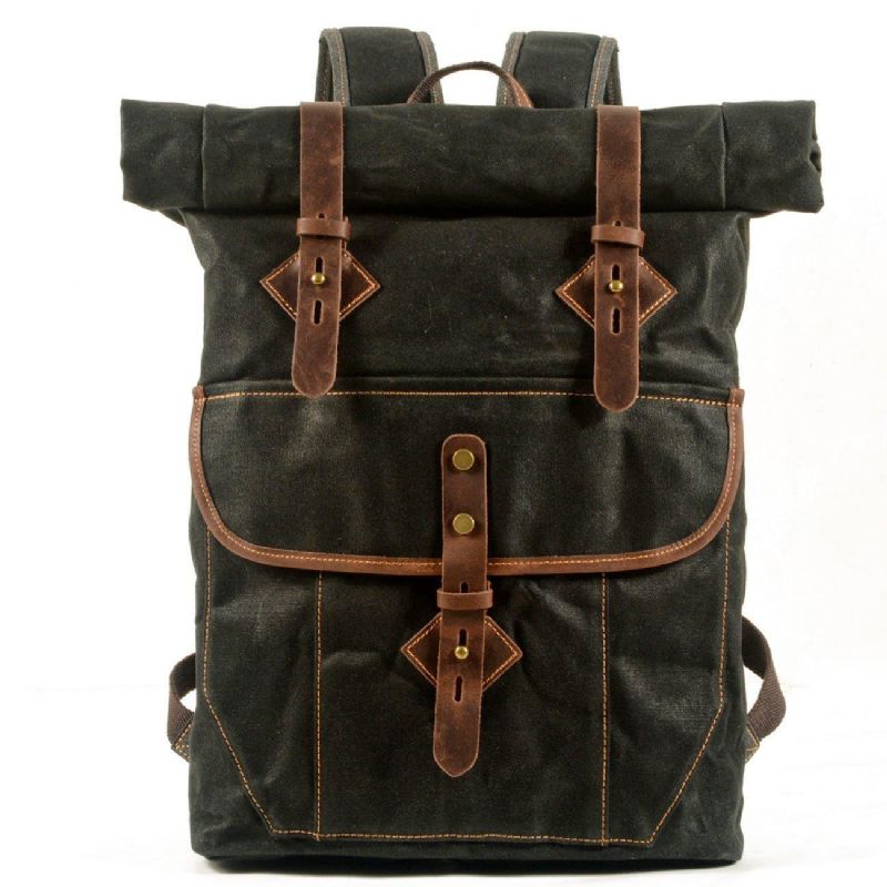 Rolltop-rucksack Aus Gewachstem Canvas Im Vintage-stil Mit Laptop-hülle