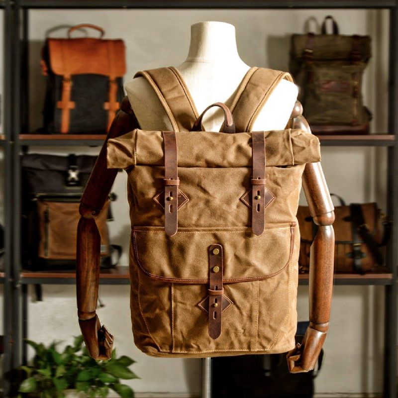 Rolltop-rucksack Aus Gewachstem Canvas Im Vintage-stil Mit Laptop-hülle