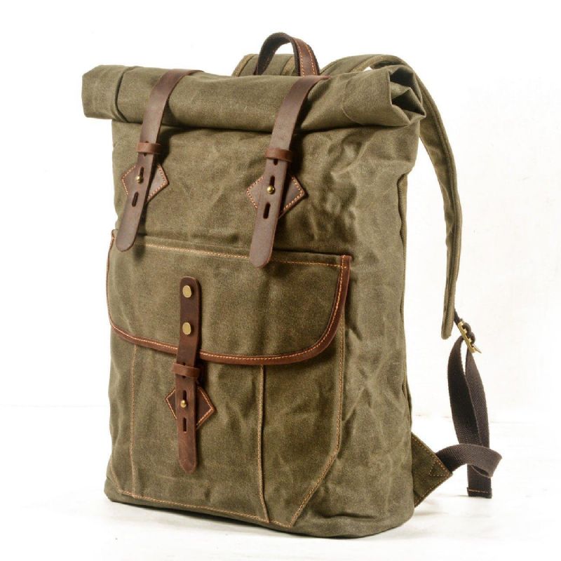 Rolltop-rucksack Aus Gewachstem Canvas Im Vintage-stil Mit Laptop-hülle