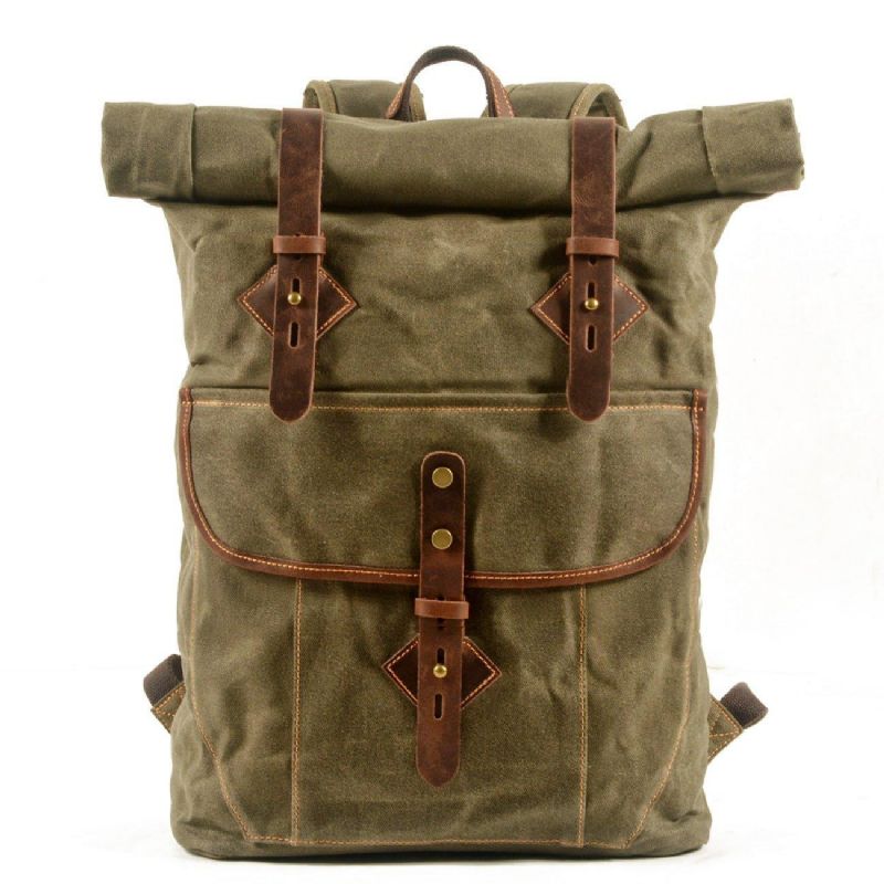 Rolltop-rucksack Aus Gewachstem Canvas Im Vintage-stil Mit Laptop-hülle