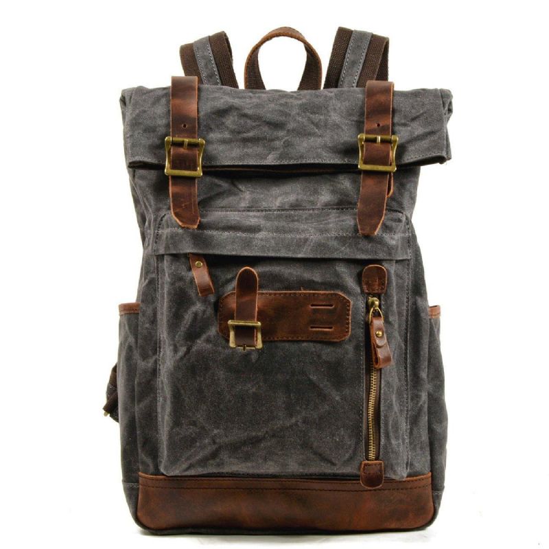 Rolltop-rucksack Aus Gewachstem Canvas Im Vintage-stil Mit Laptop-hülle