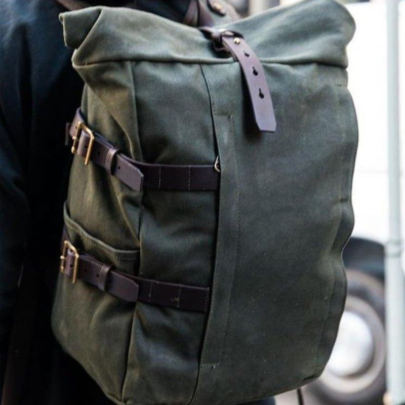 Rucksack Aus Gewachstem Canvas Für Herren Im Vintage-stil Mit Rollverschluss