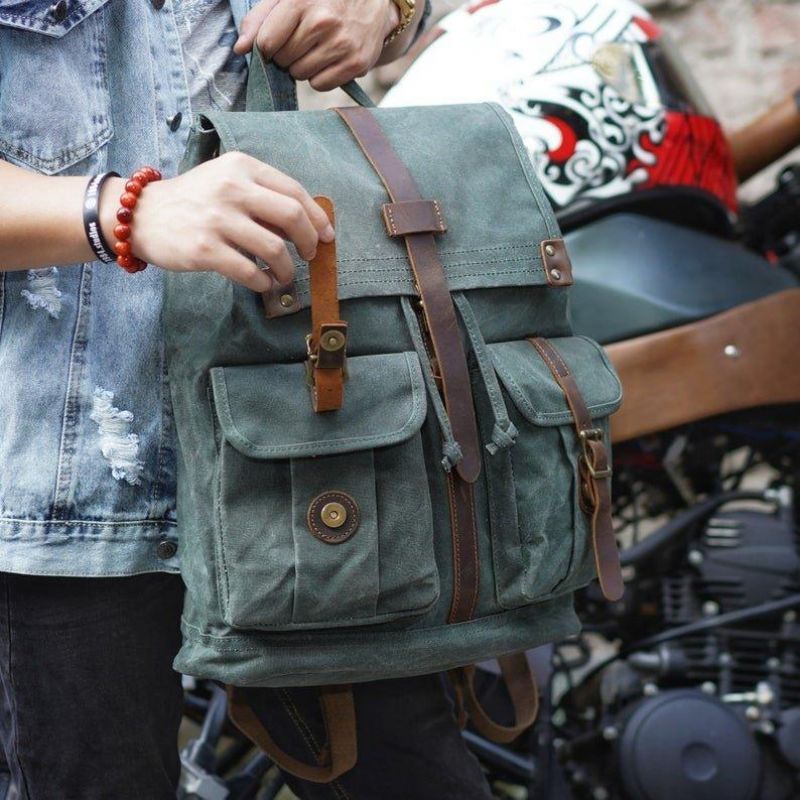 Rucksack Aus Gewachstem Canvas Mit Fronttaschen