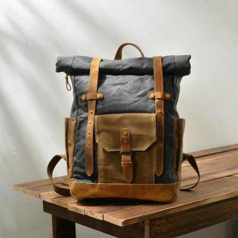 Rucksack Aus Gewachstem Canvas Mit Rollverschluss Für Herren