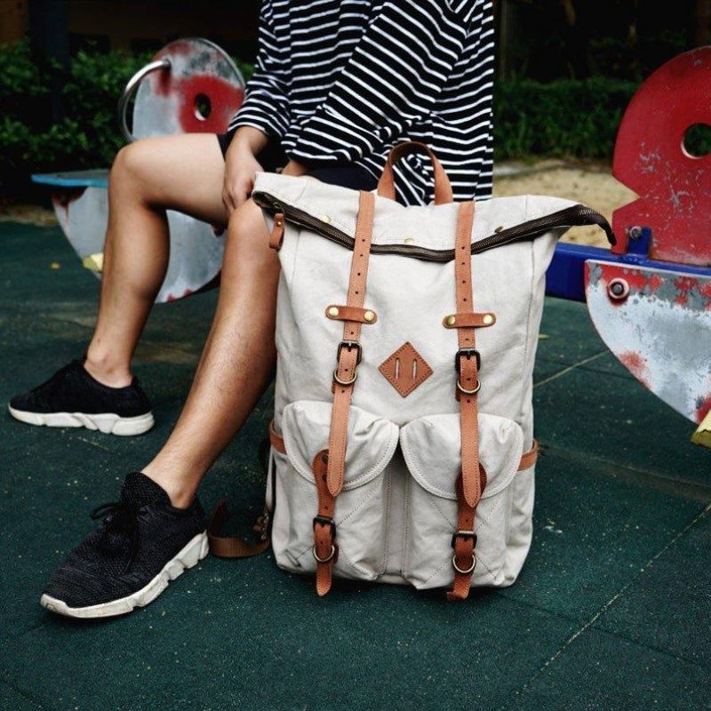 Vintage-canvas-rucksack Aus Leder Für Herren