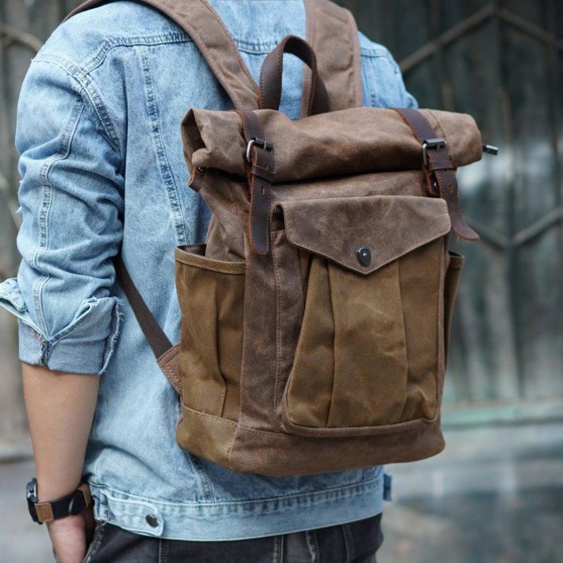 Vintage-rucksack Aus Canvas Mit Rolltop Für Reisen Herren Damen