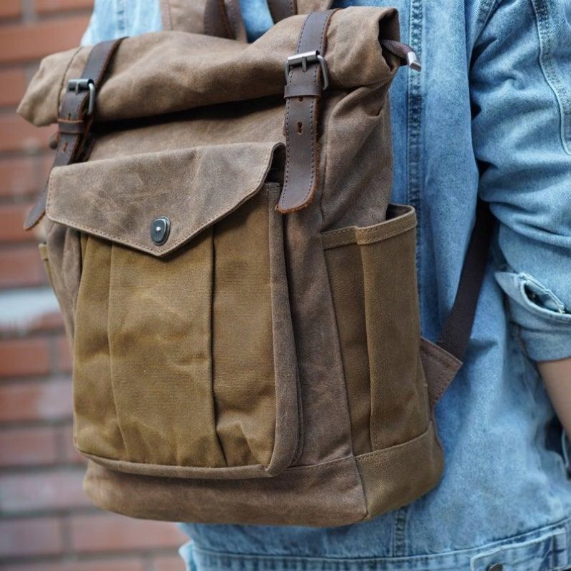 Vintage-rucksack Aus Canvas Mit Rolltop Für Reisen Herren Damen