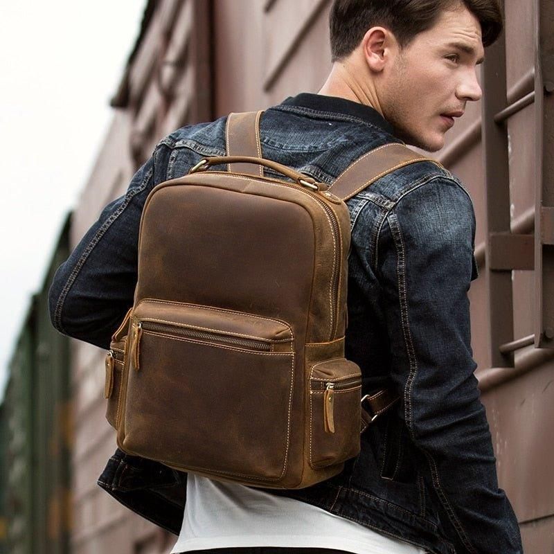 Vintage-rucksack Aus Echtem Leder Für Herren