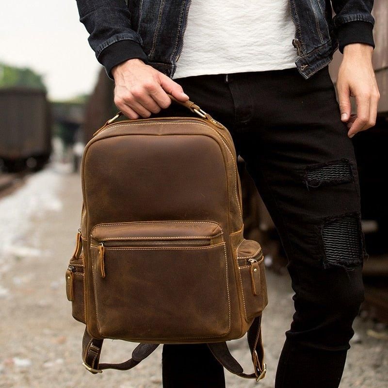 Vintage-rucksack Aus Echtem Leder Für Herren