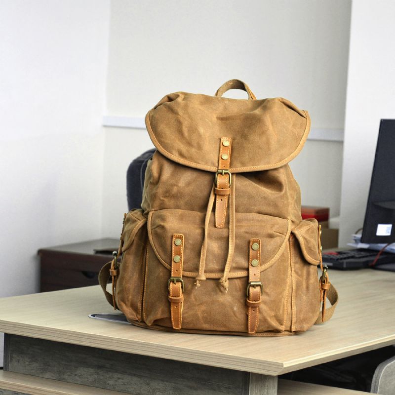 Vintage-rucksack Aus Gewachstem Canvas Für Die Schule Im Freien