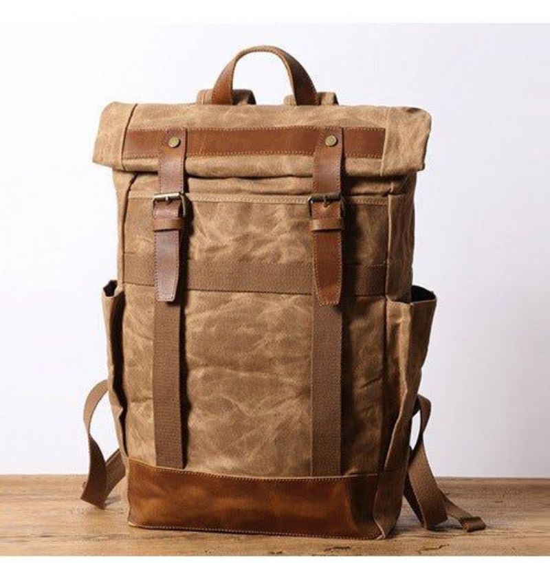 Vintage-rucksack Aus Gewachstem Canvas Für Herren Mit Seitentaschen