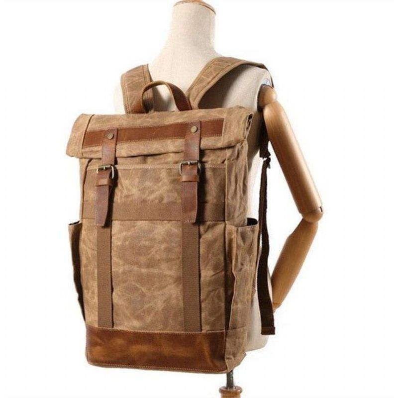 Vintage-rucksack Aus Gewachstem Canvas Für Herren Mit Seitentaschen