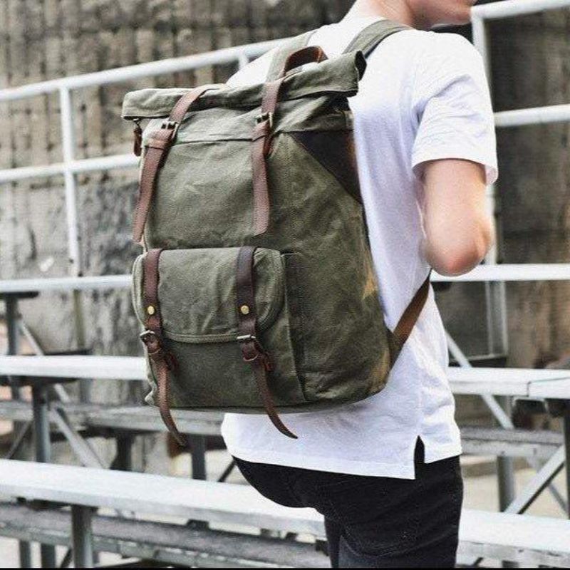 Vintage-rucksack Aus Gewachstem Canvas Im Vintage-stil Mit Rolltop