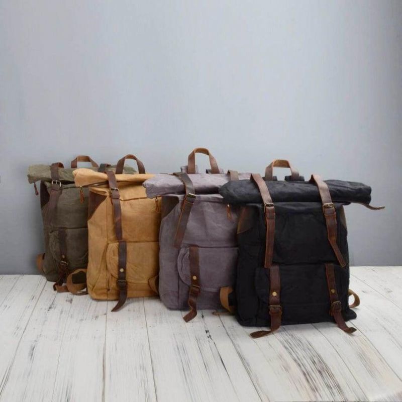 Vintage-rucksack Aus Gewachstem Canvas Im Vintage-stil Mit Rolltop