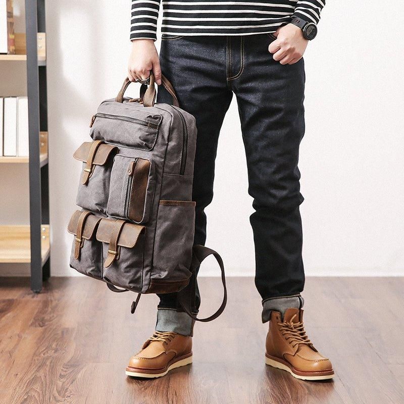 Vintage-rucksack Aus Gewachstem Canvas Laptop Für Herren