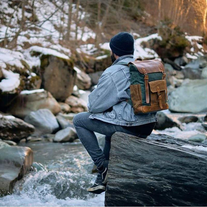 Vintage-rucksack Aus Gewachstem Canvas Laptop Herren