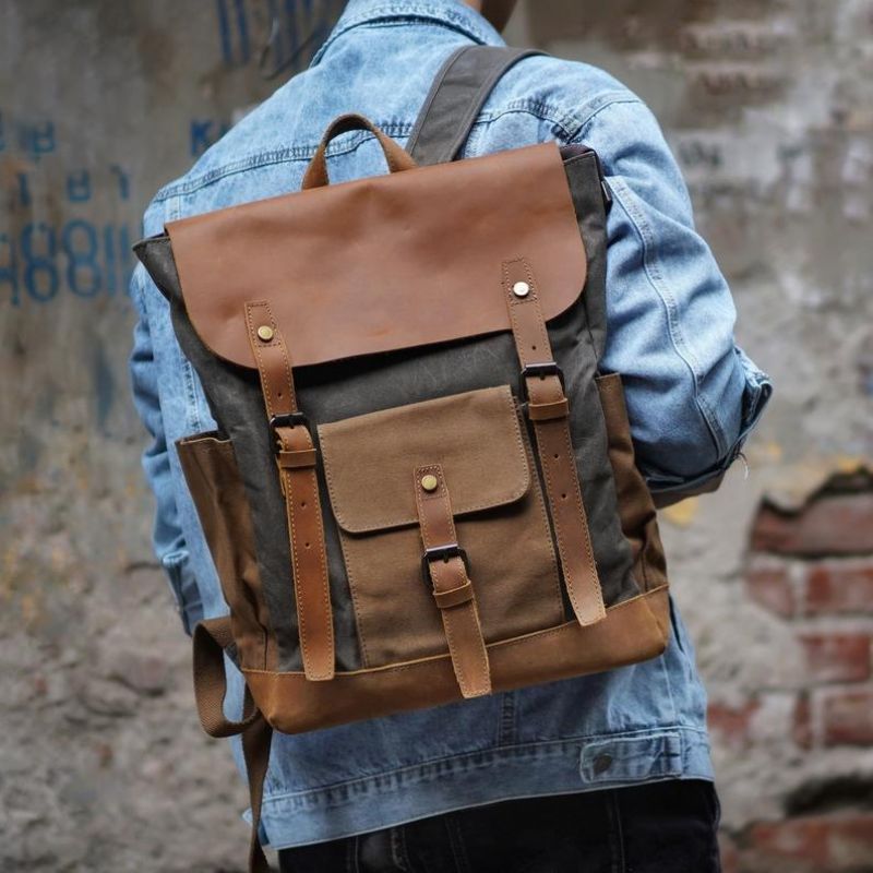 Vintage-rucksack Aus Gewachstem Canvas Laptop Herren