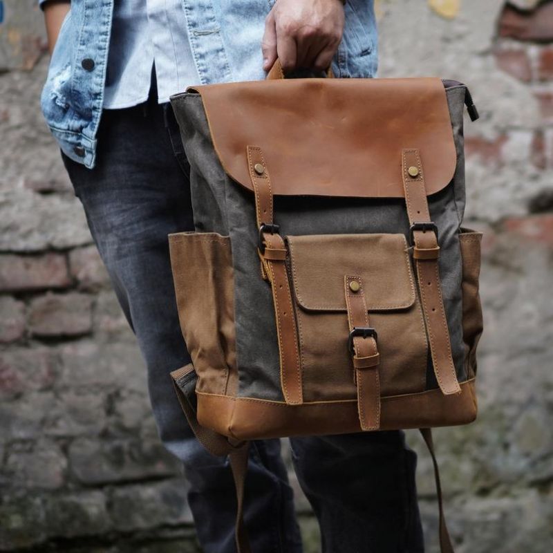 Vintage-rucksack Aus Gewachstem Canvas Laptop Herren