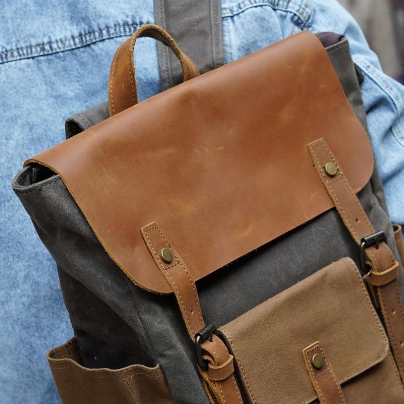 Vintage-rucksack Aus Gewachstem Canvas Laptop Herren