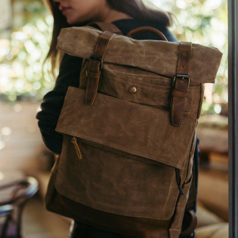 Vintage-rucksack Aus Gewachstem Canvas Mit Rolltop Für Reisen