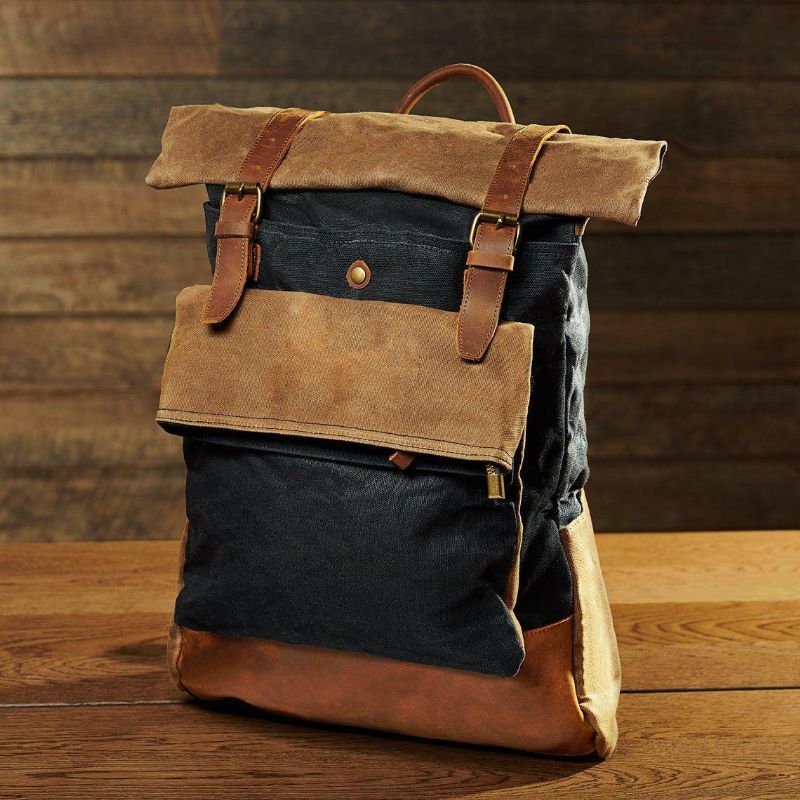 Vintage-rucksack Aus Gewachstem Canvas Mit Rolltop Für Reisen