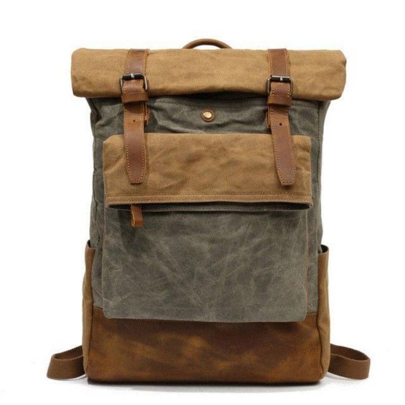 Vintage-rucksack Aus Gewachstem Canvas Mit Rolltop Für Reisen