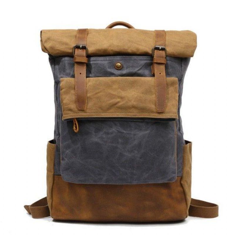 Vintage-rucksack Aus Gewachstem Canvas Mit Rolltop Für Reisen