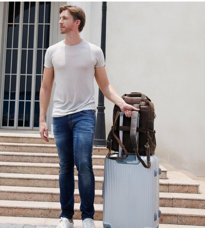 Vintage-rucksack Aus Leder Für Herren Mit Trolley-hülle