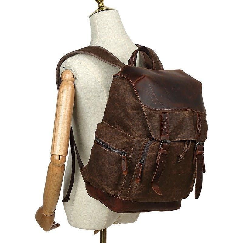 Vintage-rucksack Aus Leder Und Canvas Mit Laptop-hülle